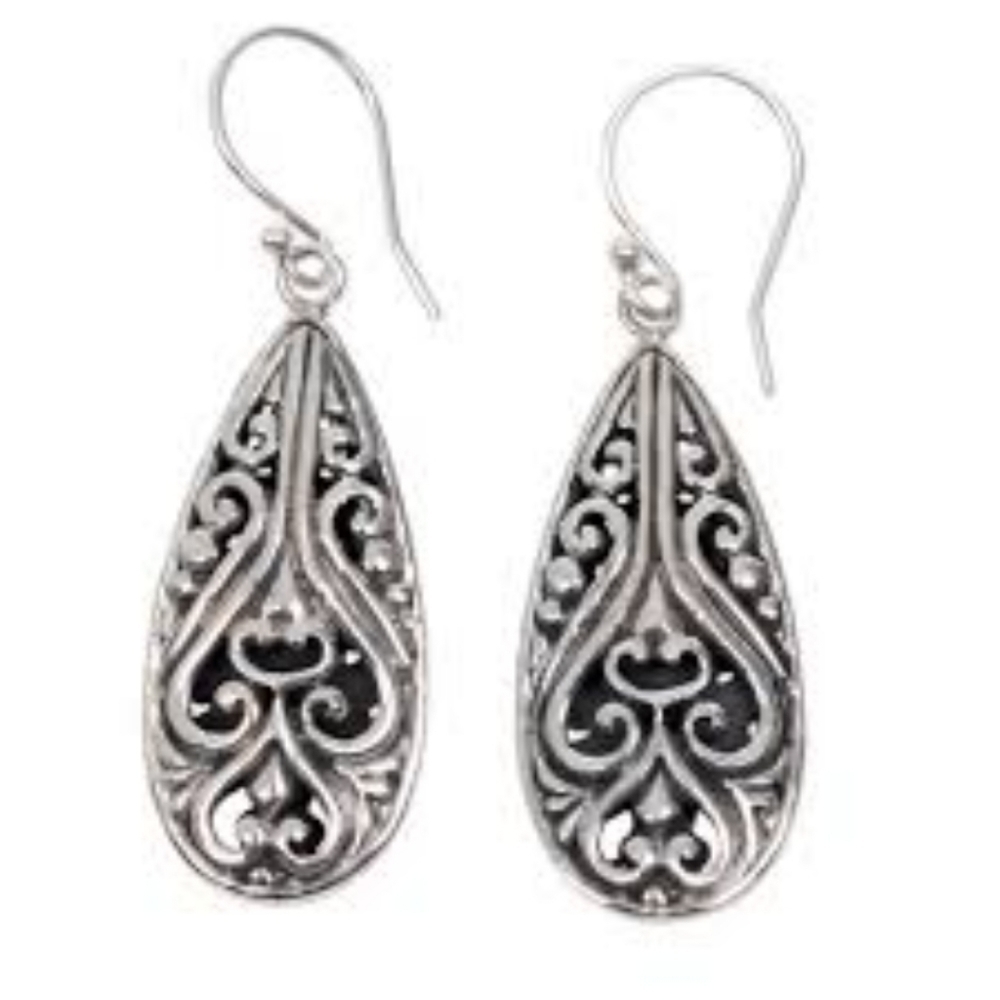 Handcrafted Balinese Silver Hook Earrings, "Bali Fern Labyrinth